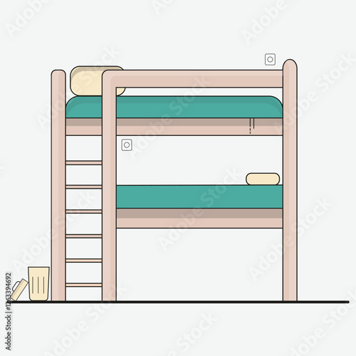 Wooden bunk bed with ladder and turquoise mattresses on light floor.