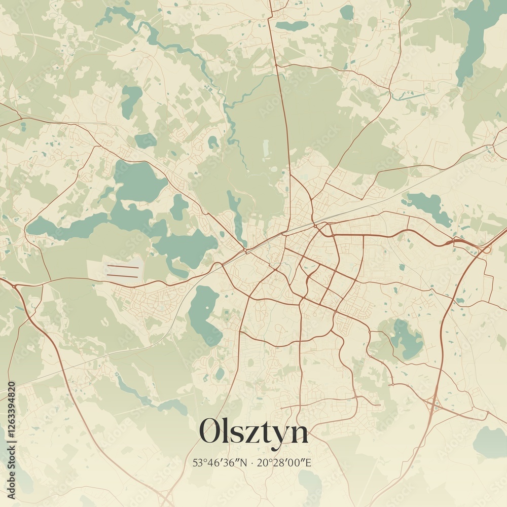Fototapeta premium Vintage map of Olsztyn, Poland.