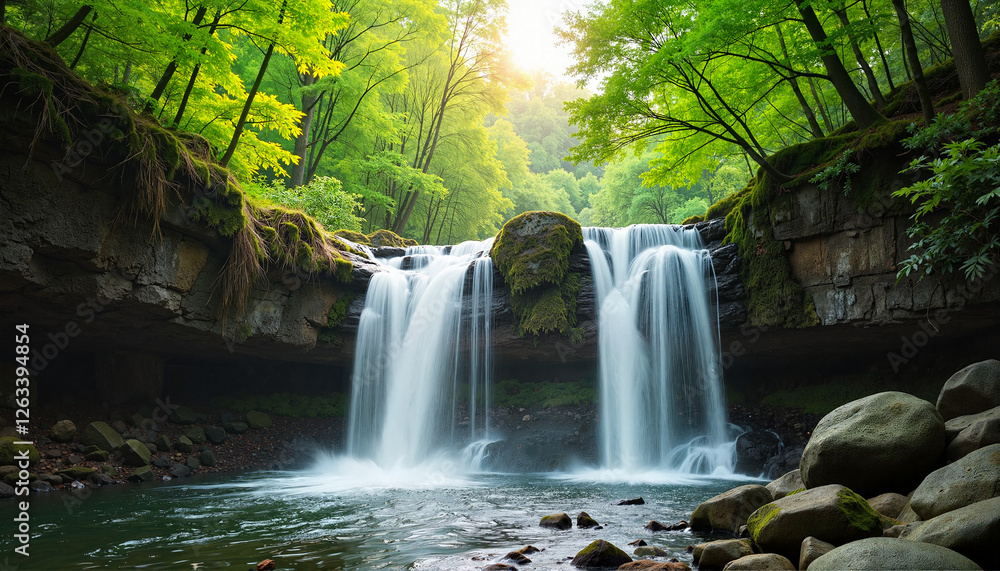 Fototapeta premium Cascading waterfall embodying tranquility in lush forest, natural beauty