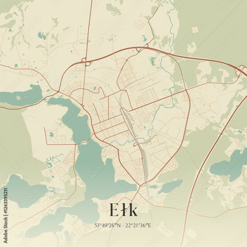 Fototapeta premium Vintage map of Elk, Poland.