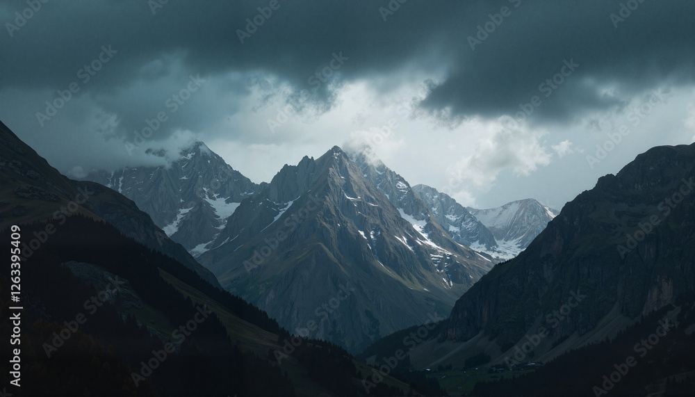 Moody mountain landscape with storm clouds over jagged peaks, nature's drama Moody mountain landscape with storm clouds over jagged peaks, nature's drama