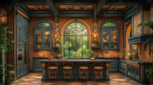 Wallpaper Mural Luxurious, ornate kitchen, lush garden view, interior design Torontodigital.ca