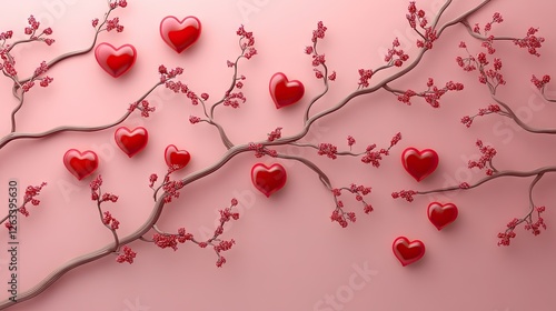 Elegant pink surface with red hearts gently placed on delicate branches, creating romance.