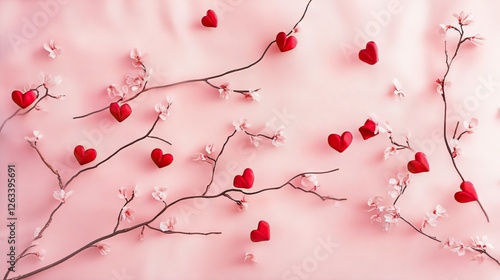 Elegant pink surface with red hearts gently placed on delicate branches, creating romance.