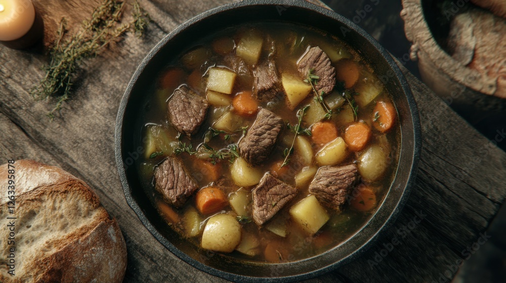 Hearty Beef Stew with Vegetables in Rustic Setting for Comfort Food and Culinary Warmth Hearty Beef Stew with Vegetables in Rustic Setting for Comfort Food and Culinary Warmth