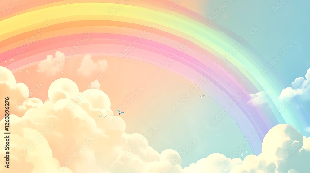 Fototapeta premium Pastel Rainbow Arcing Over Fluffy Clouds and Birds