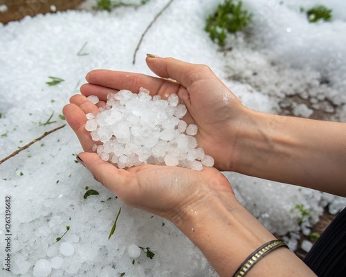 Palms full of icy hail. photo