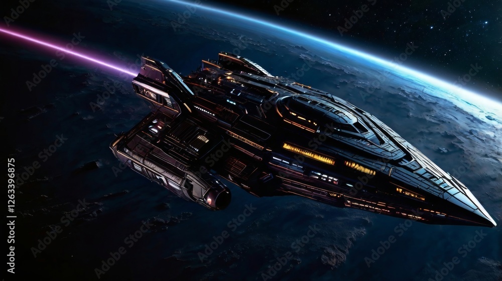 Naklejka premium The shadowy post-modern interstellar ship looms ominously in the depths of space, its sleek metallic hull reflecting distant stars. This striking image digitally rendered painting showcasing intricate