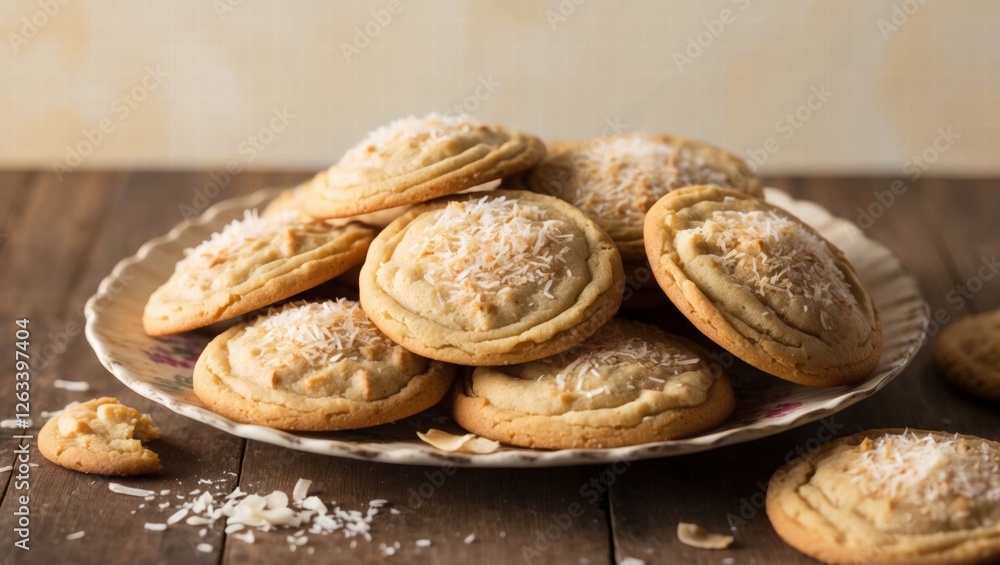 A warm and inviting still life of a assortment of freshly baked cookies, generously sprinkled with shredded coconut, arranged artfully on a rustic wooden table or decorative plate, with a few cookies A warm and inviting still life of a assortment of freshly baked cookies, generously sprinkled with shredded coconut, arranged artfully on a rustic wooden table or decorative plate, with a few cookies