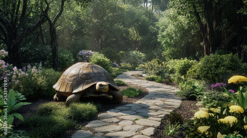 Fototapeta premium Tortoise Moving Slowly Across a Garden PathJPEG