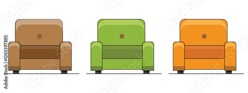 Three upholstered armchair seats shown in brown, green, and orange isolated on.