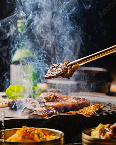 korean grilled meat with vegetables and cut