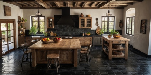 Rustic Farmhouse Kitchen Island and Wooden Cabinets photo