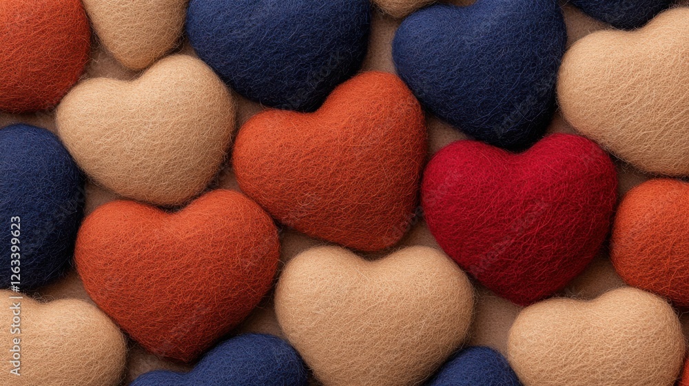 Obraz premium Colorful fabric hearts in a cozy pattern, creating a warm and inviting atmosphere.