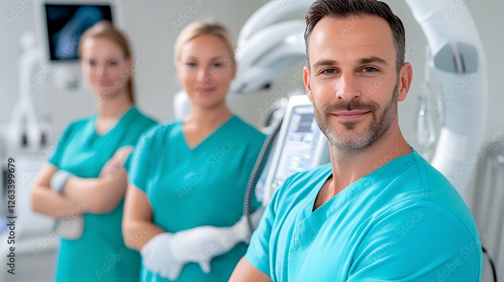 Medical Team in Scrubs Smiling in a Modern Healthcare Facility Medical Team in Scrubs Smiling in a Modern Healthcare Facility