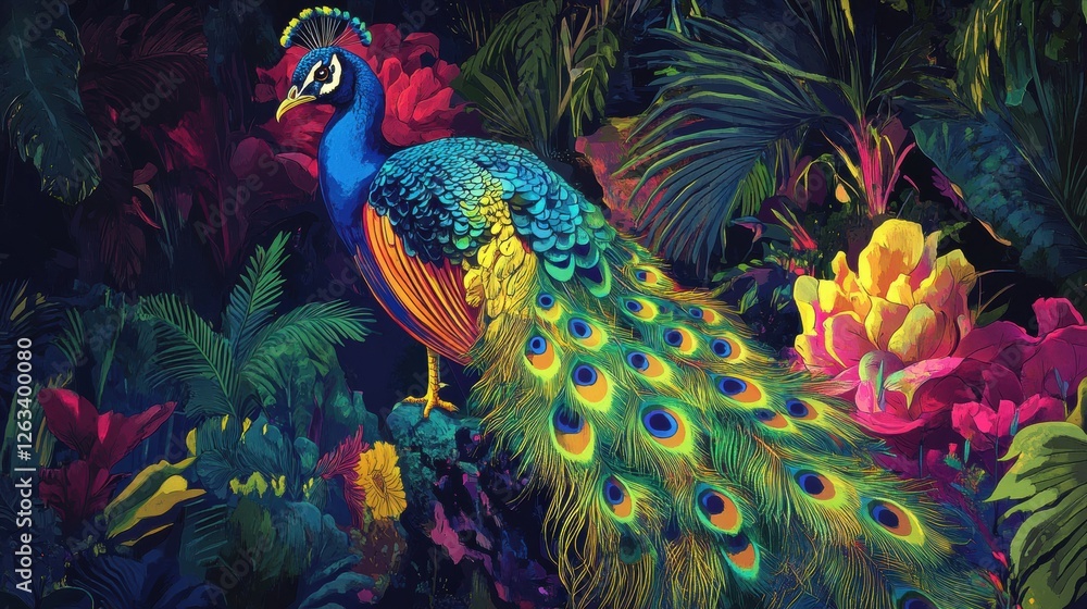 Fototapeta premium Peacock Displaying Vibrant Feathers in a Garden Ultra