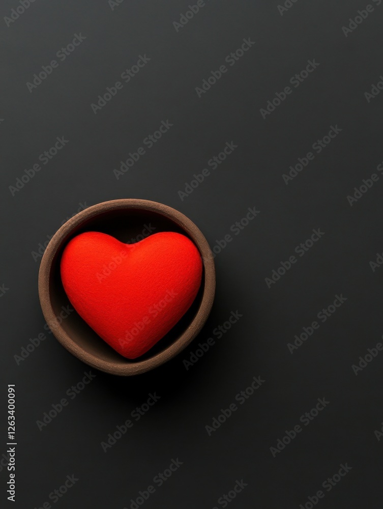 Fototapeta premium Red heart in a bowl against a minimalist dark background symbolizing love and simplicity.