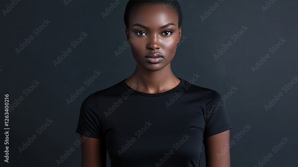 Obraz premium Studio photography of a model wearing a fitted black t-shirt, showcasing its modern design.