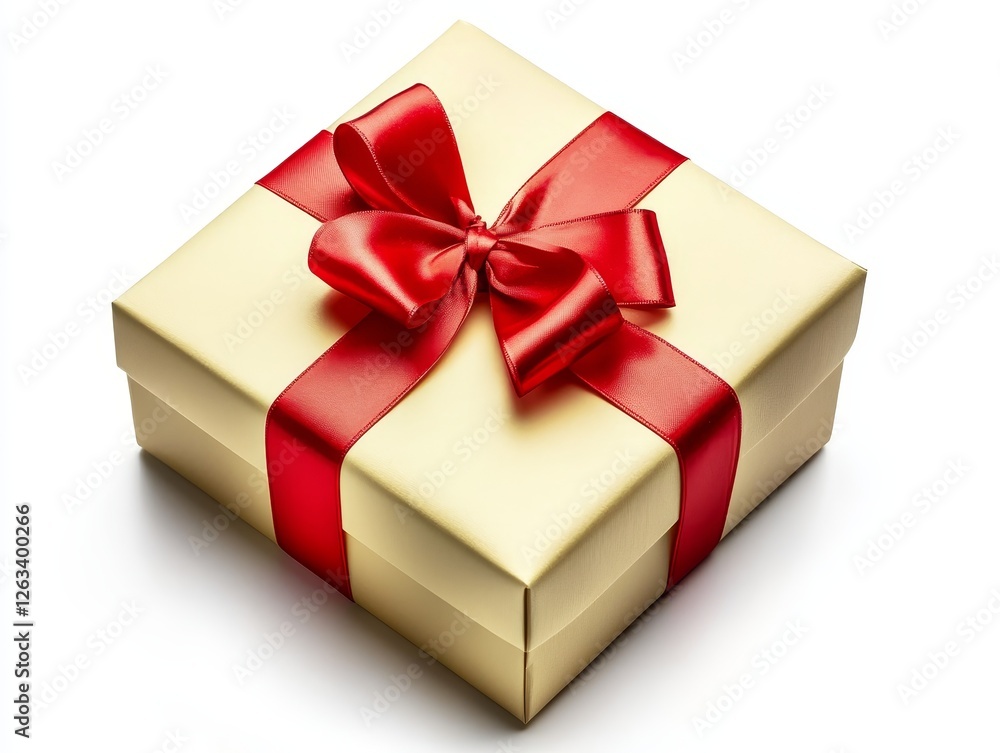 Fototapeta premium Gold Gift Box with Red Ribbon Square Composition, Festive Concept, Gift Wrapping, Holiday Present Gift, Packaging
