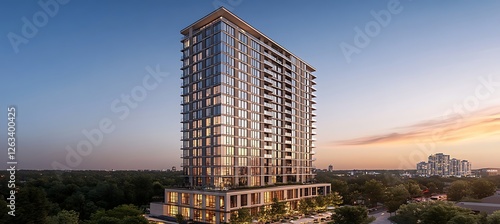 A contemporary high-rise building with a striking facade, rooftop amenities, and a modern design