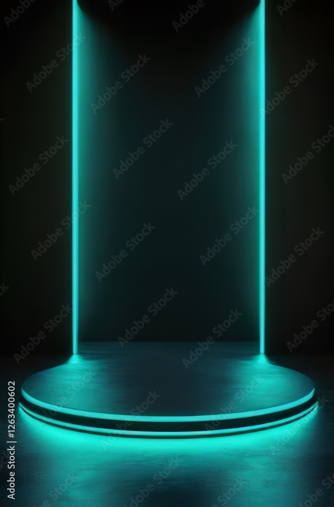 Dark room with neon-lit circular platform. Dark room with neon-lit circular platform.