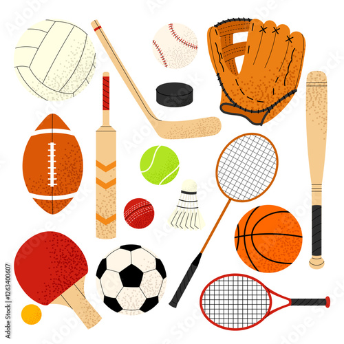 Sports equipment. Set illustrations balls different sports games. Ball for volleyball, football, basketball, cricket, baseball, tennis, hockey stick and puck. For designs sports and outdoor activity.