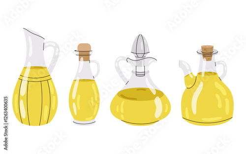 Olive oil. Set hand drawn glass bottle with olive oil isolated on white background. Organic olive products.
