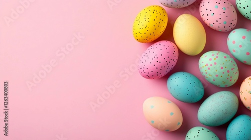Colorful decorated Easter eggs arranged on a soft pink background for spring celebrations and festive activities