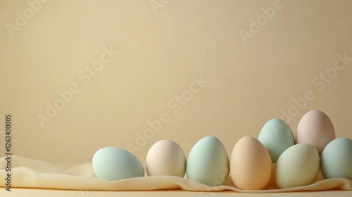Beautifully arranged pastel colored eggs on a soft fabric with neutral background for Easter decorations