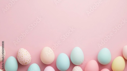 Colorful pastel eggs arranged on a soft pink background for spring celebrations and Easter festivities