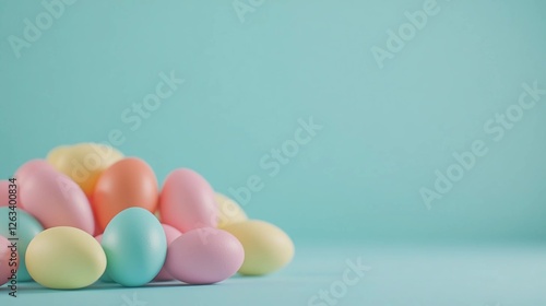 Colorful pastel eggs arranged on a blue background for spring celebrations and Easter festivities