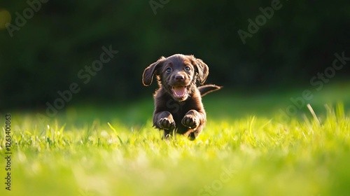 Happy brown puppy runs joyfully across a sunlit green lawn in a serene park during a warm afternoon