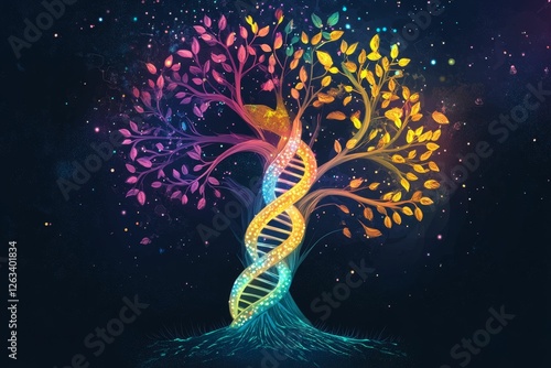 Luminous tree, DNA helix, cosmic background, vibrant colors.