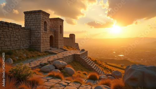 Sunlit Hittite fortress ruins background featuring towering remnants of Hattusa’s stone walls and gates under a golden sky