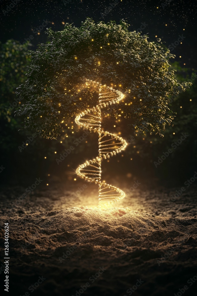 Obraz premium Golden DNA helix sprouts from earth beneath tree.