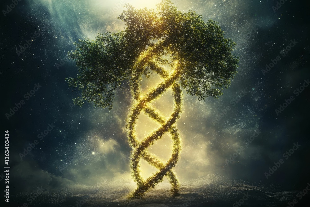 Obraz premium Glowing DNA tree, mystical night scene, nature's code.