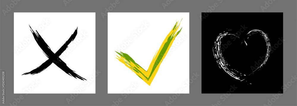 The cross, heart and OK symbol are hand-drawn with a brush. Prohibition, denial, error. Love. Approval, consent. Vector, set of 3 characters The cross, heart and OK symbol are hand-drawn with a brush. Prohibition, denial, error. Love. Approval, consent. Vector, set of 3 characters