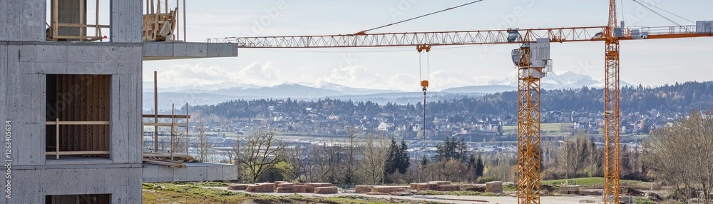 Crane lifts building materials; city view Crane lifts building materials; city view
