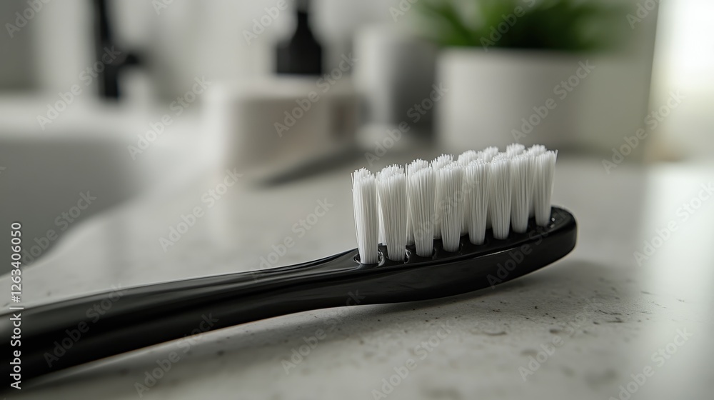 Bristles gliding over artificial teeth with ergonomic black handle toothbrush Bristles gliding over artificial teeth with ergonomic black handle toothbrush