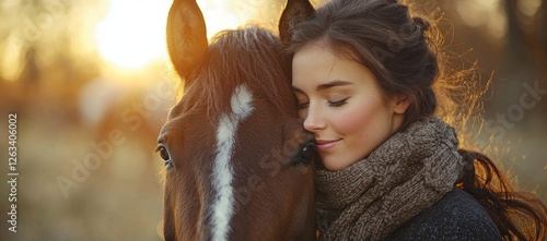 Woman embracing a brown horse at sunset.