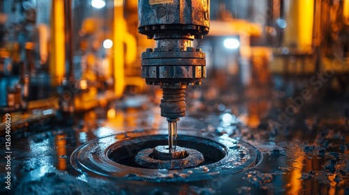 The intricate details of oil drilling equipment reveal the drill pipe and rotary table during an active drilling operation in an industrial setting, showcasing technology in action.