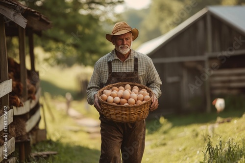 A farmer carrying a basket of fresh eggs from a chicken coop