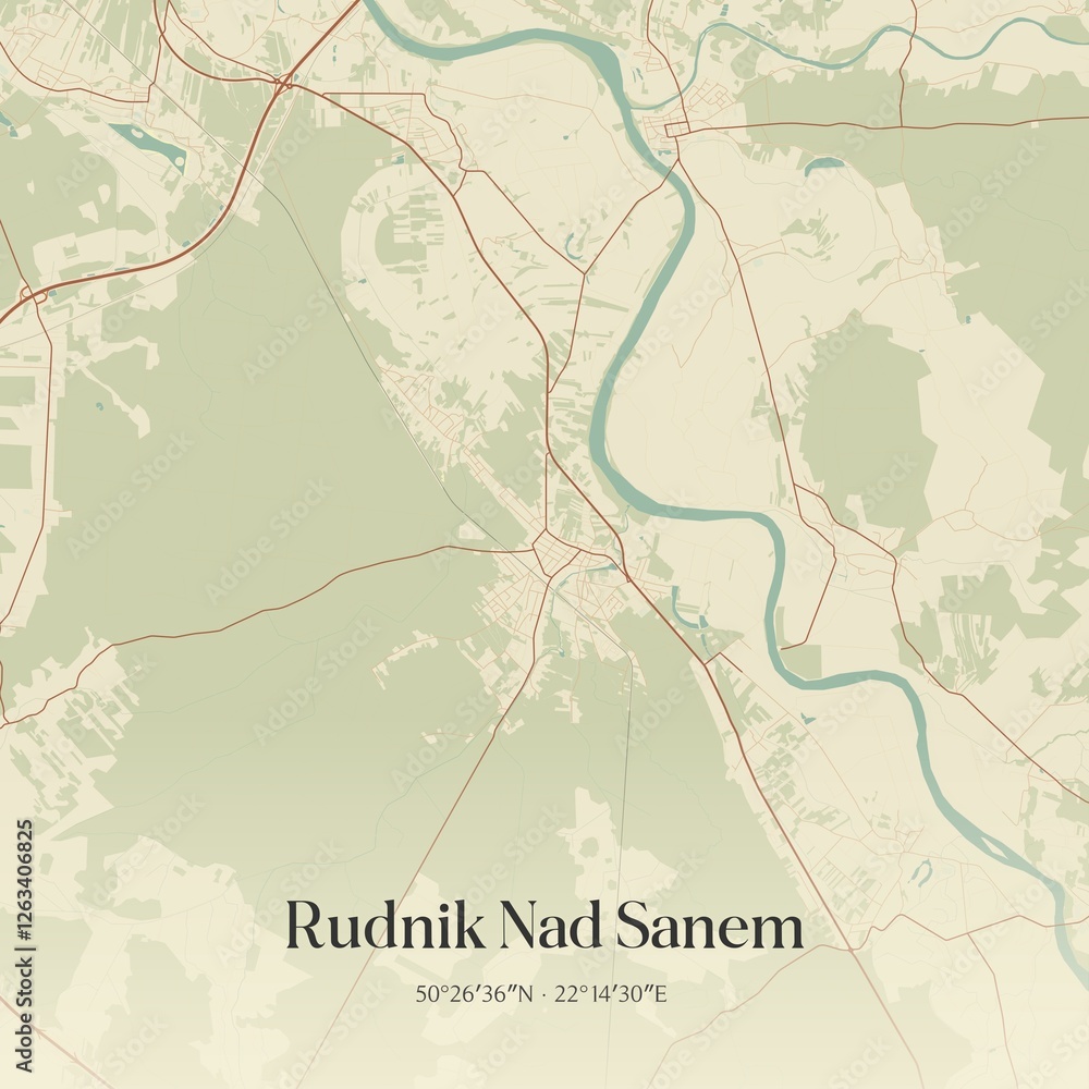 Fototapeta premium Vintage map of Rudnik Nad Sanem, Poland.