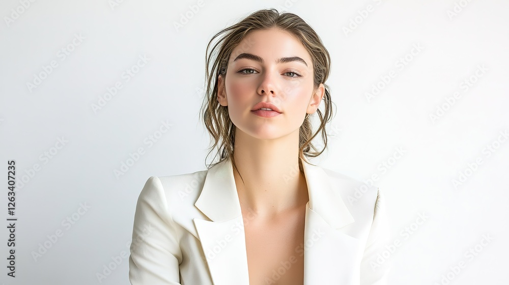 Young Woman in White Blazer Posing Against White Background