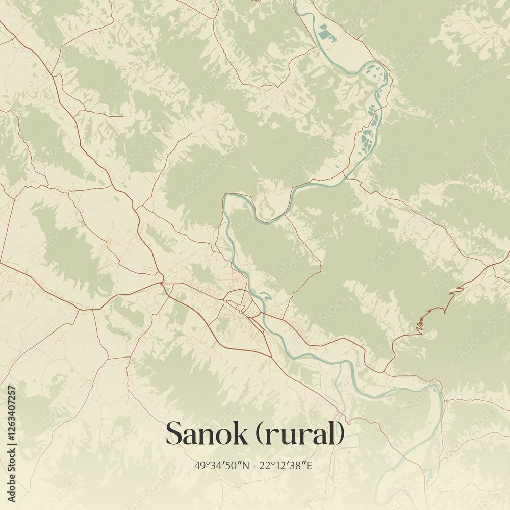 Fototapeta premium Vintage map of Sanok (rural), Poland.