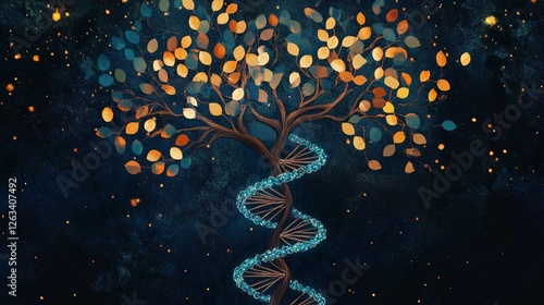 Glowing tree with DNA helix, cosmic night setting