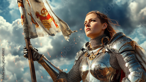 Female knight in shining armor holding battle-worn flag photo