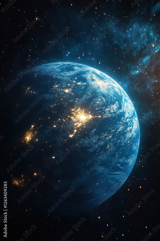 Fototapeta premium Nighttime earth from space with glowing city lights and starry sky