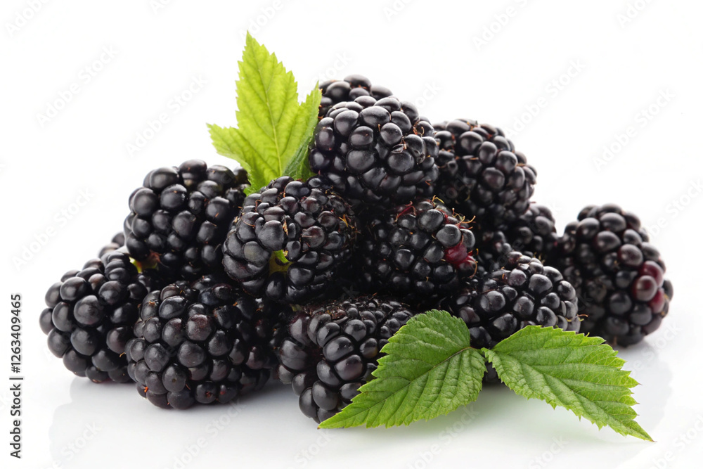 A stack of fresh blackberries with green leaves, isolated on a white background
A stack of fresh blackberries with green leaves, isolated on a white background