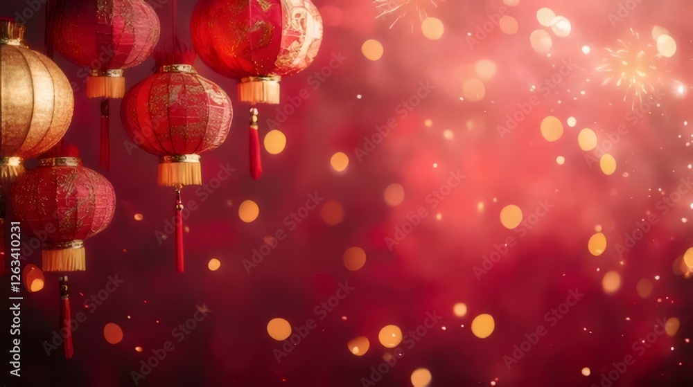 Red lanterns and bokeh lights festive background. Red lanterns and bokeh lights festive background.